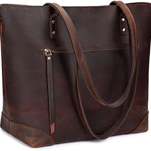 S-ZONE Vintage Genuine Leather Shoulder Bag for Women - Large Work Tote Handbag with Back Zipper Pocket, Stylish & Funct